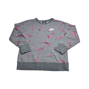 NIKE Women Small‎ All Over Pink Swoosh Graphic Crewneck Pullover Grey